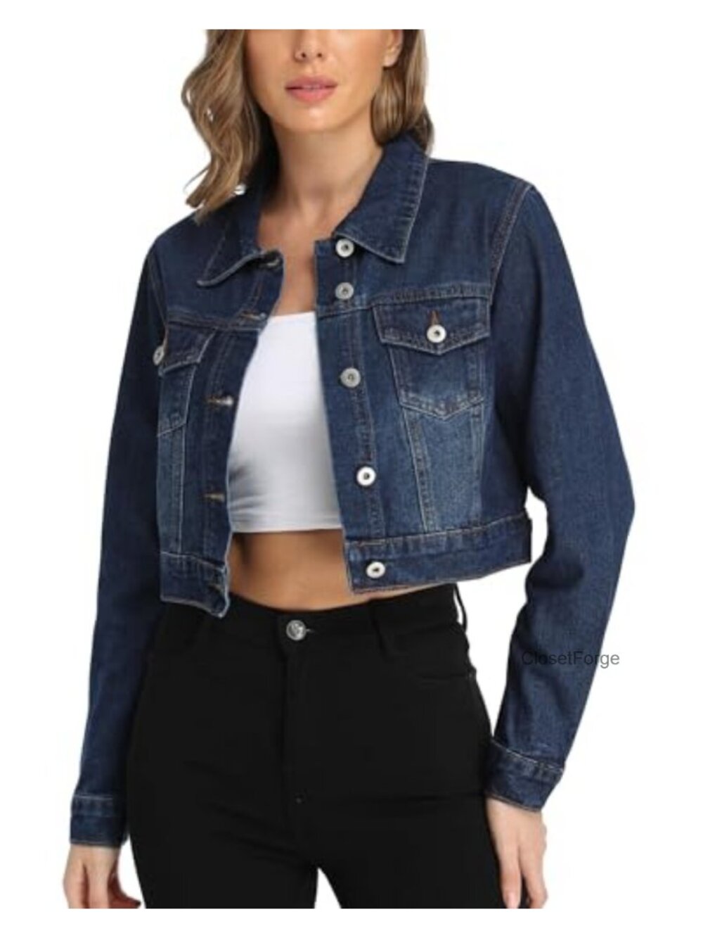 Cropped Denim Jacket Long Sleeve Button Down Vintage Washed Short Casual Jacket